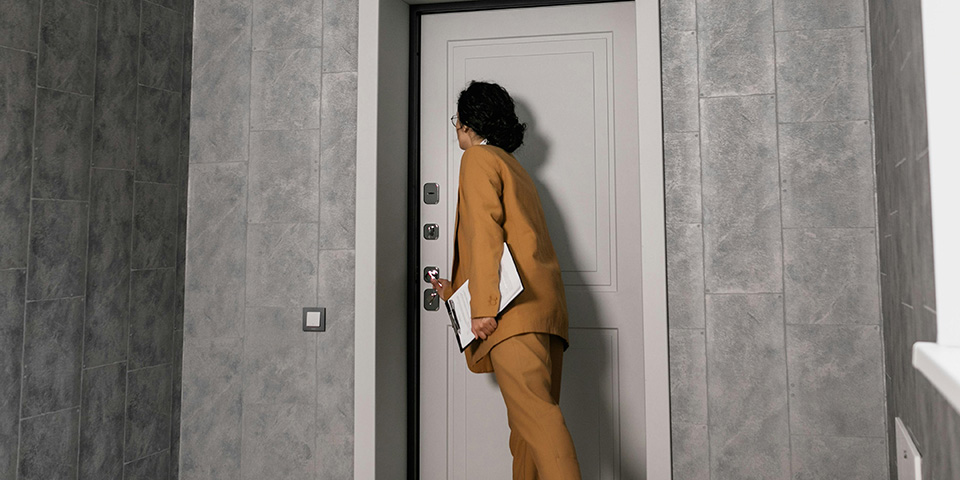 žena sa papirima pored zatvorenih vrata