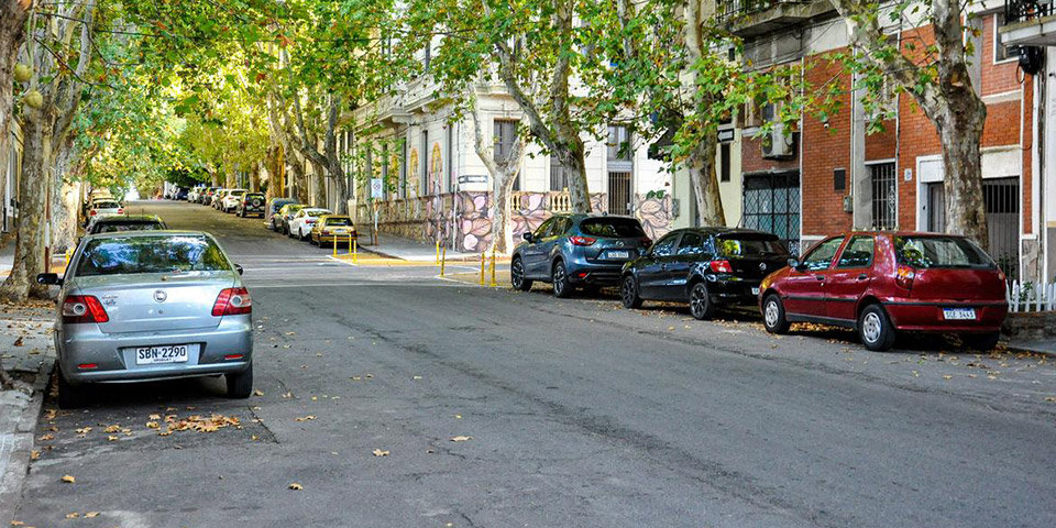 Ulica sa drvećem i parkiranim automobilima uz trotoar